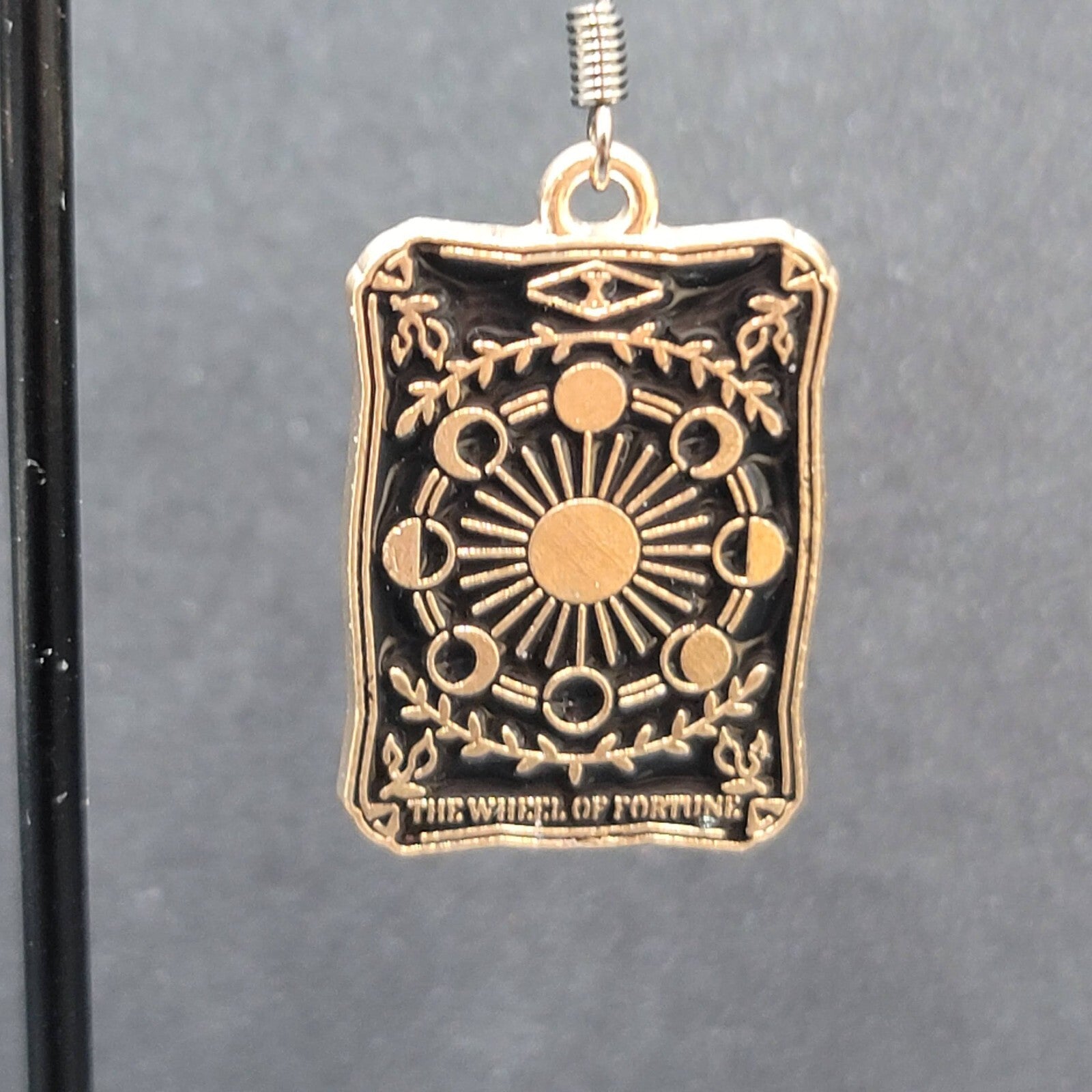 Tarot Card Pierced Earrings The Wheel of Fortune Gold tone Black 1"