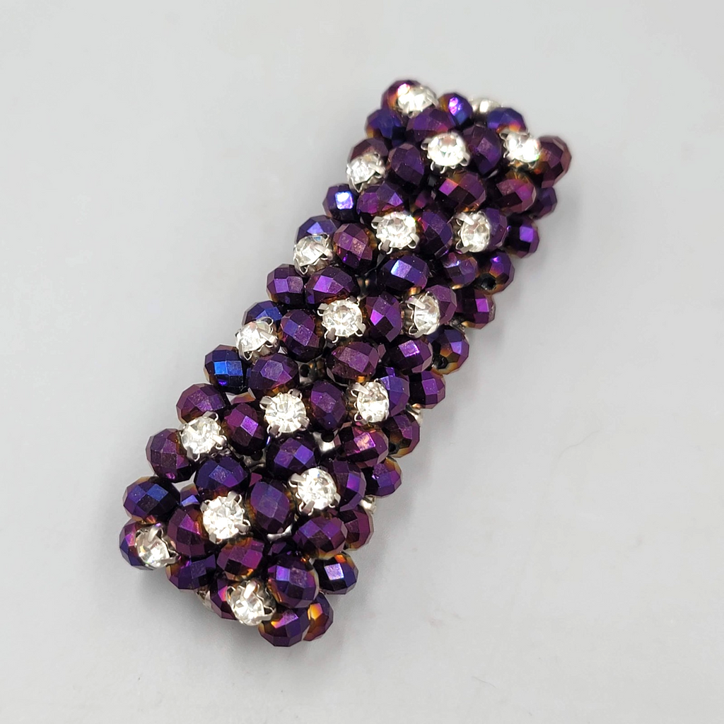 Purple AB Bead Rhinestone Bracelet Elastic Wide 7 in