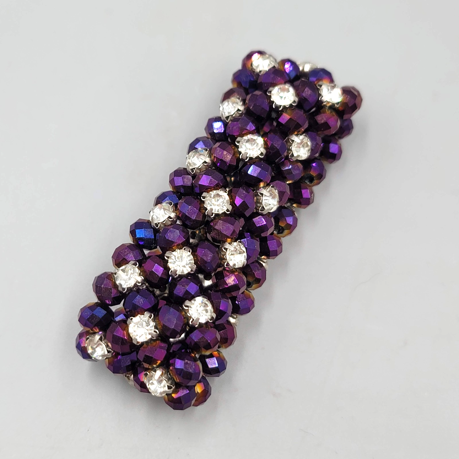 Purple AB Bead Rhinestone Bracelet Elastic Wide 7 in