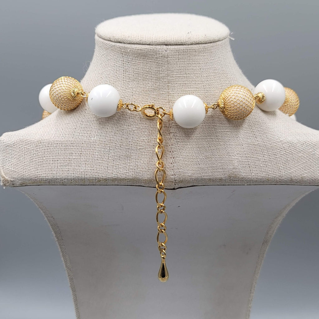 Vintage Bead Necklace White Bead Gold tone Wire Caged Beads 22"-24"