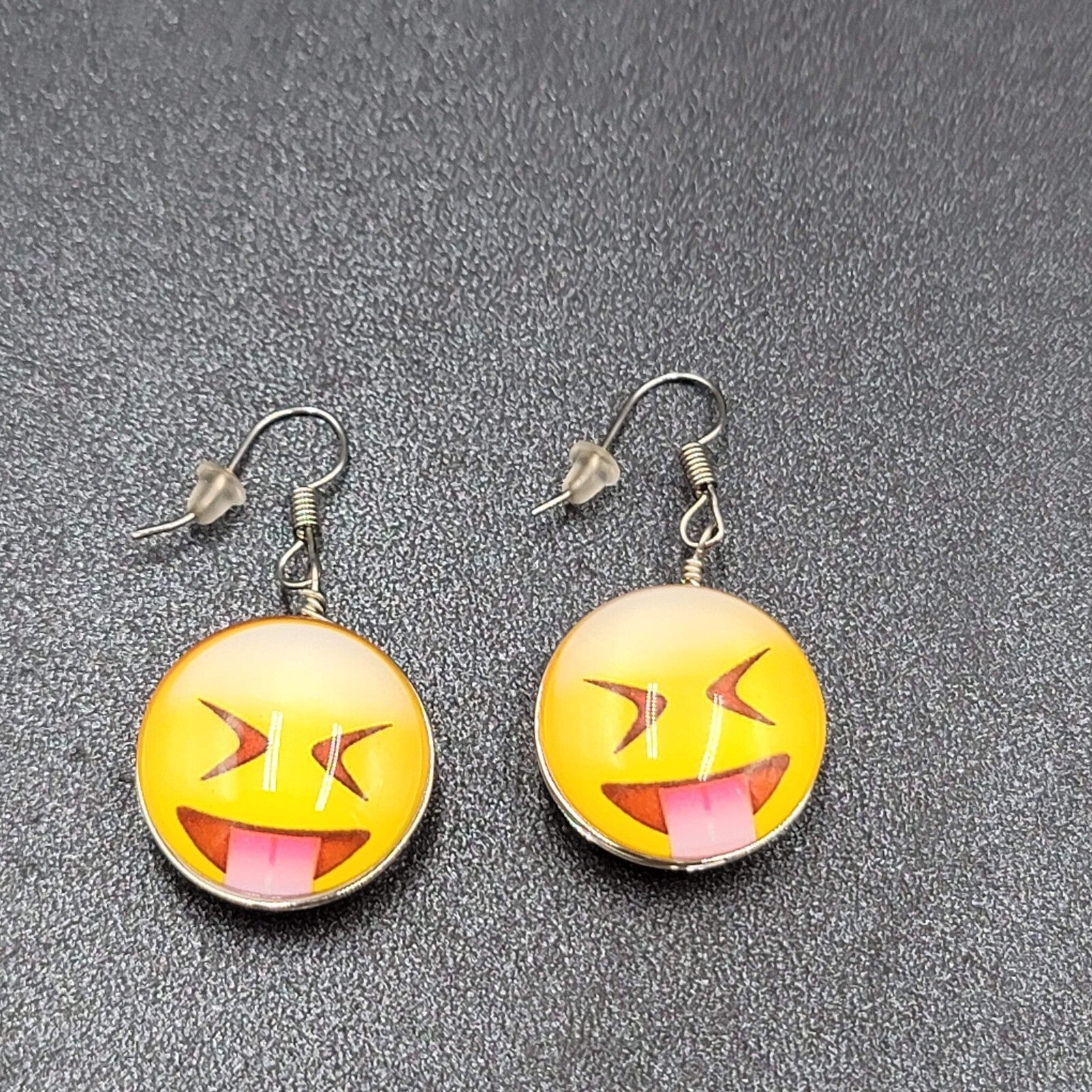 Pierced Earrings Glass Yellow Laughing Emoji Dangle 1"