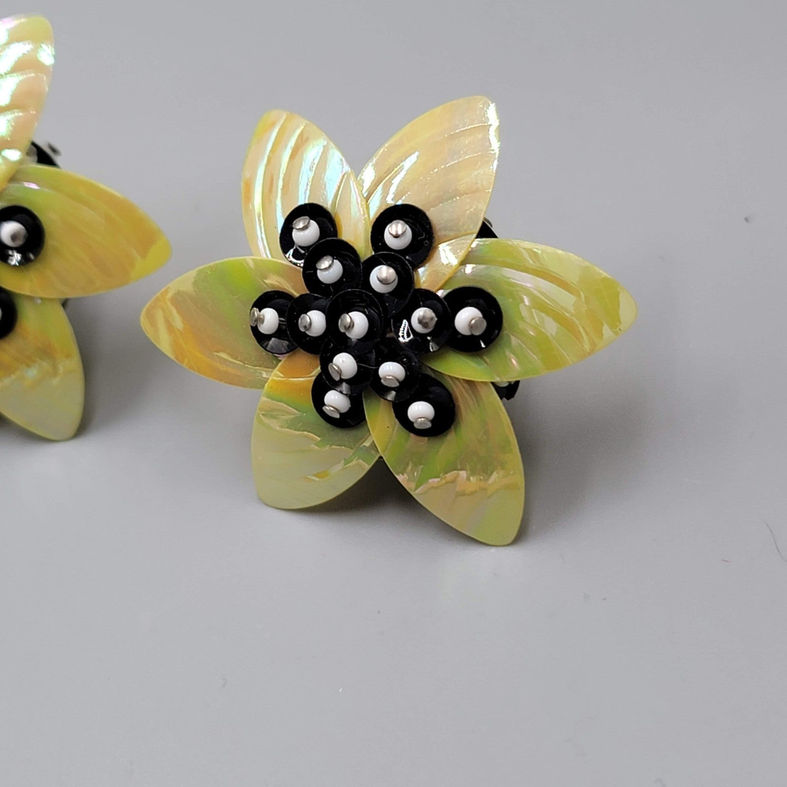 Vintage Yellow Black Flower Clip on Earrings Large Statement Drop 1.75"