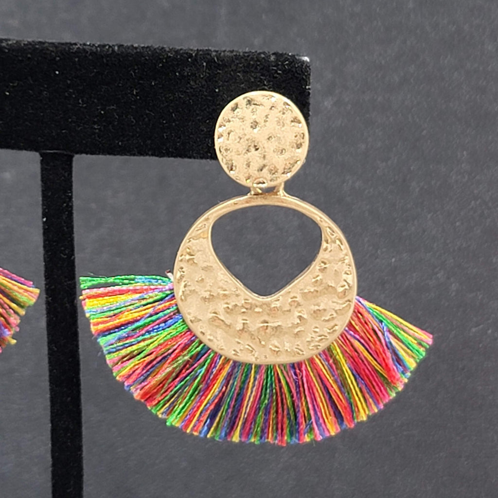 Pierced Earrings Gold tone Multicolor Tassel Boho 1.75"