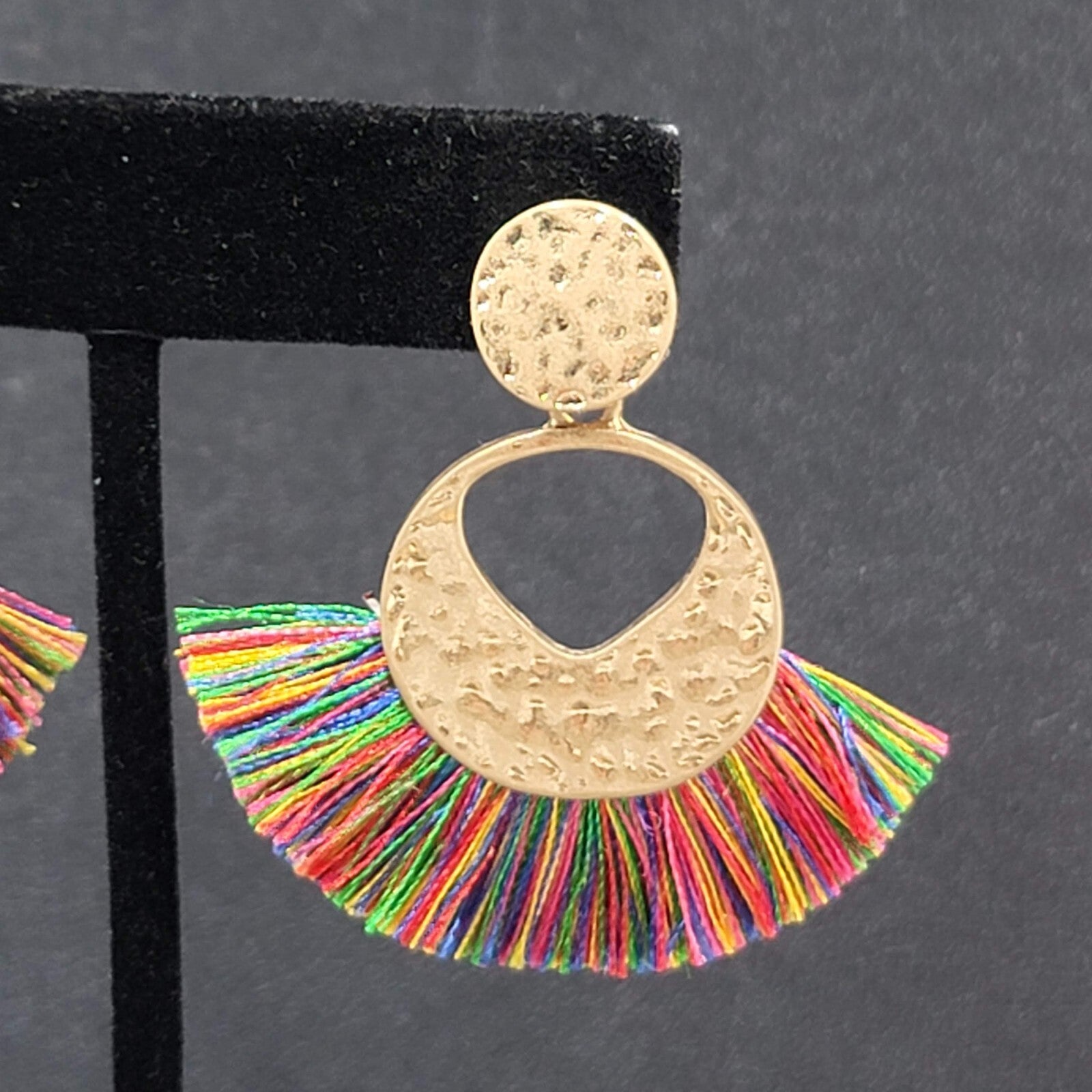 Pierced Earrings Gold tone Multicolor Tassel Boho 1.75"