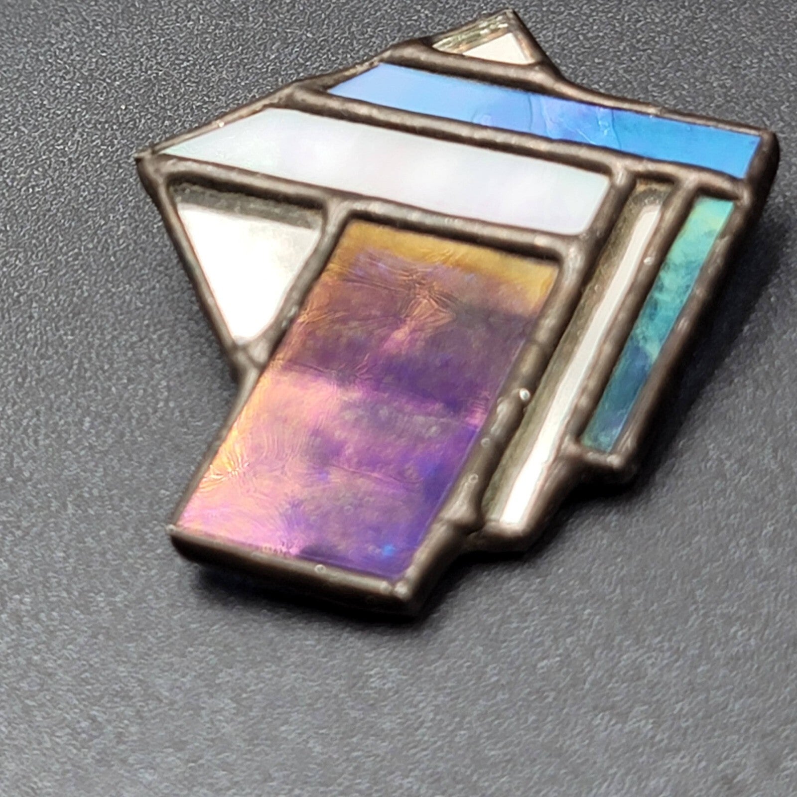 Vintage Stained Glass Brooch Mirror Abstract Lead Handmade 2.25"