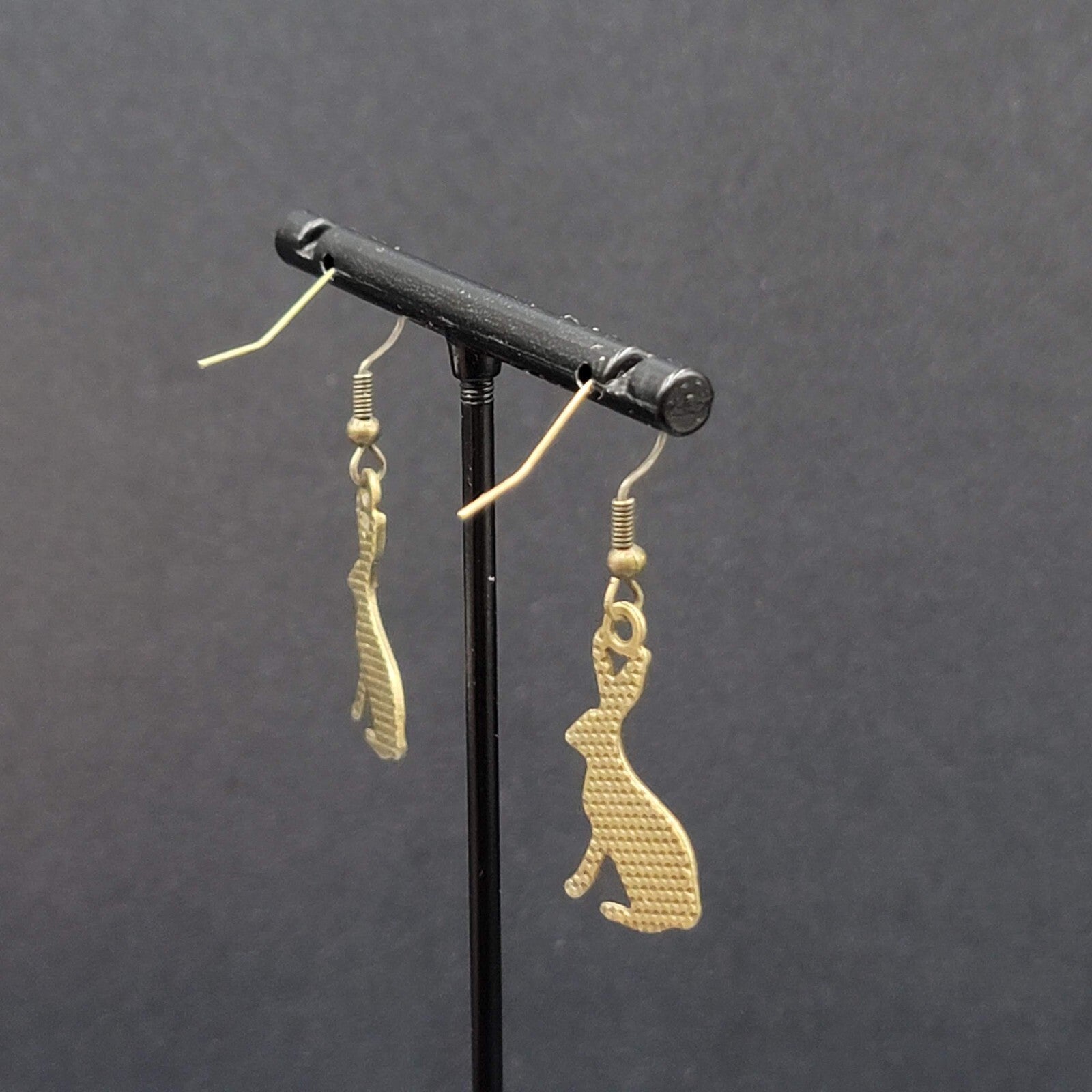 New BUNNY RABBIT Pierced Earrings Bronze tone Dangle Embossed 1"