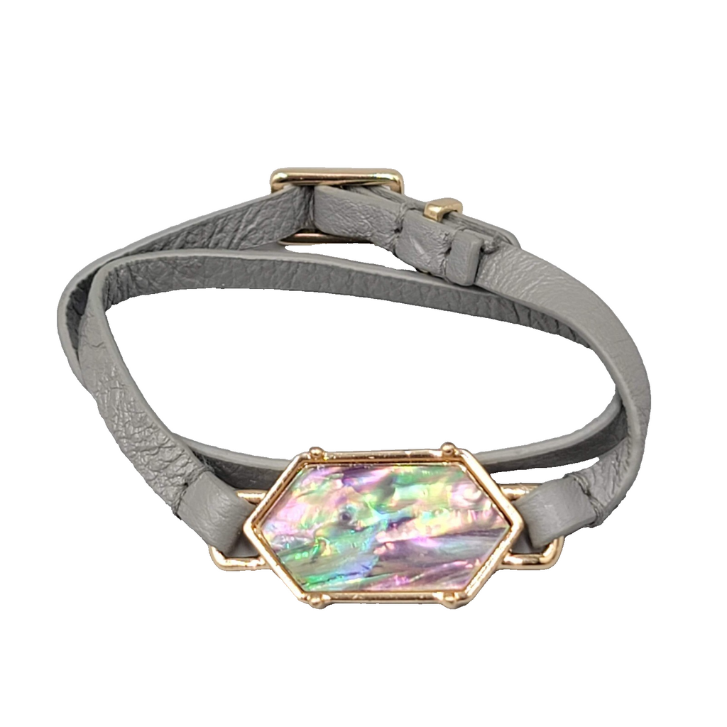Wrap Bracelet Gray Leather Gold tone Rainbow Resin Accent Adjustable Length