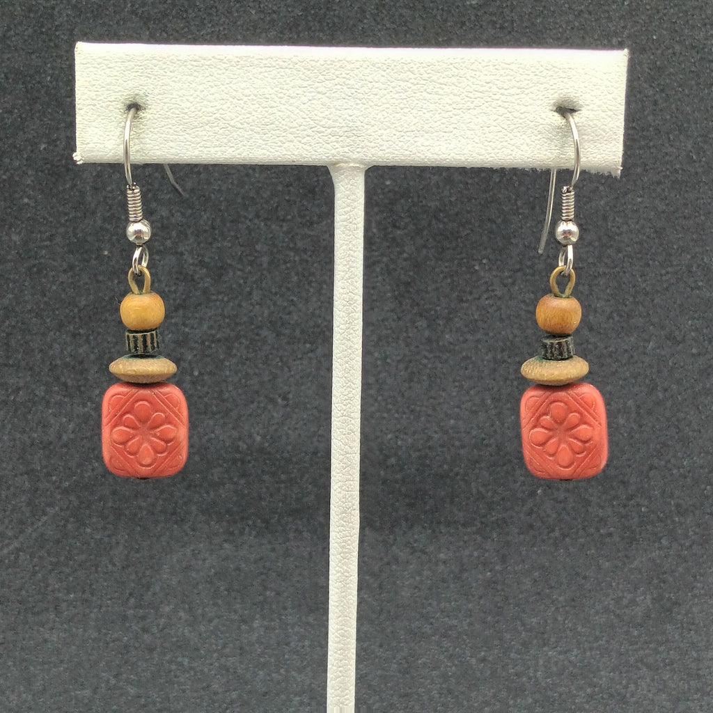 Pierced Earrings Silver tone Hook Red Plastic Flower Wood Bead Dangle 1"