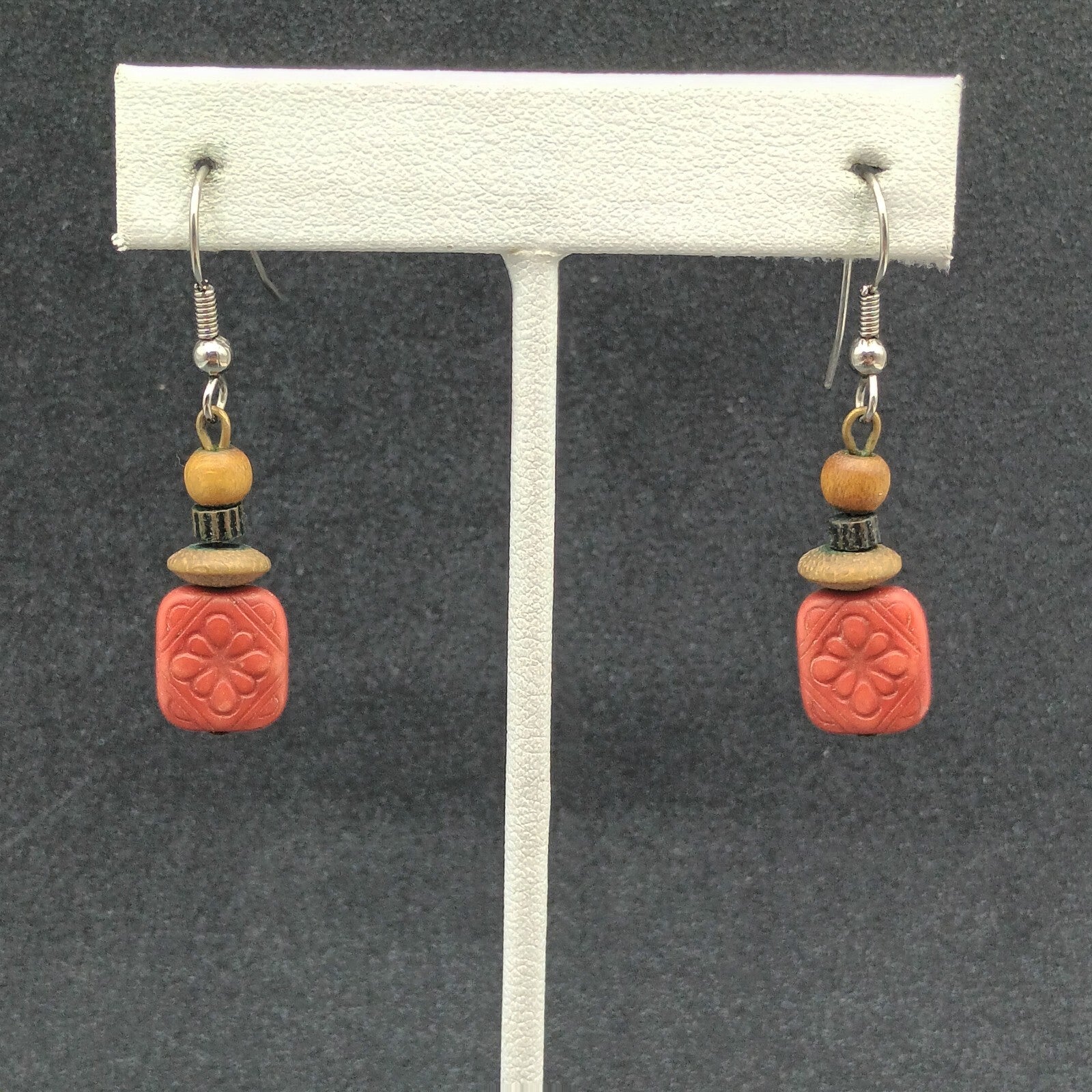 Pierced Earrings Silver tone Hook Red Plastic Flower Wood Bead Dangle 1"