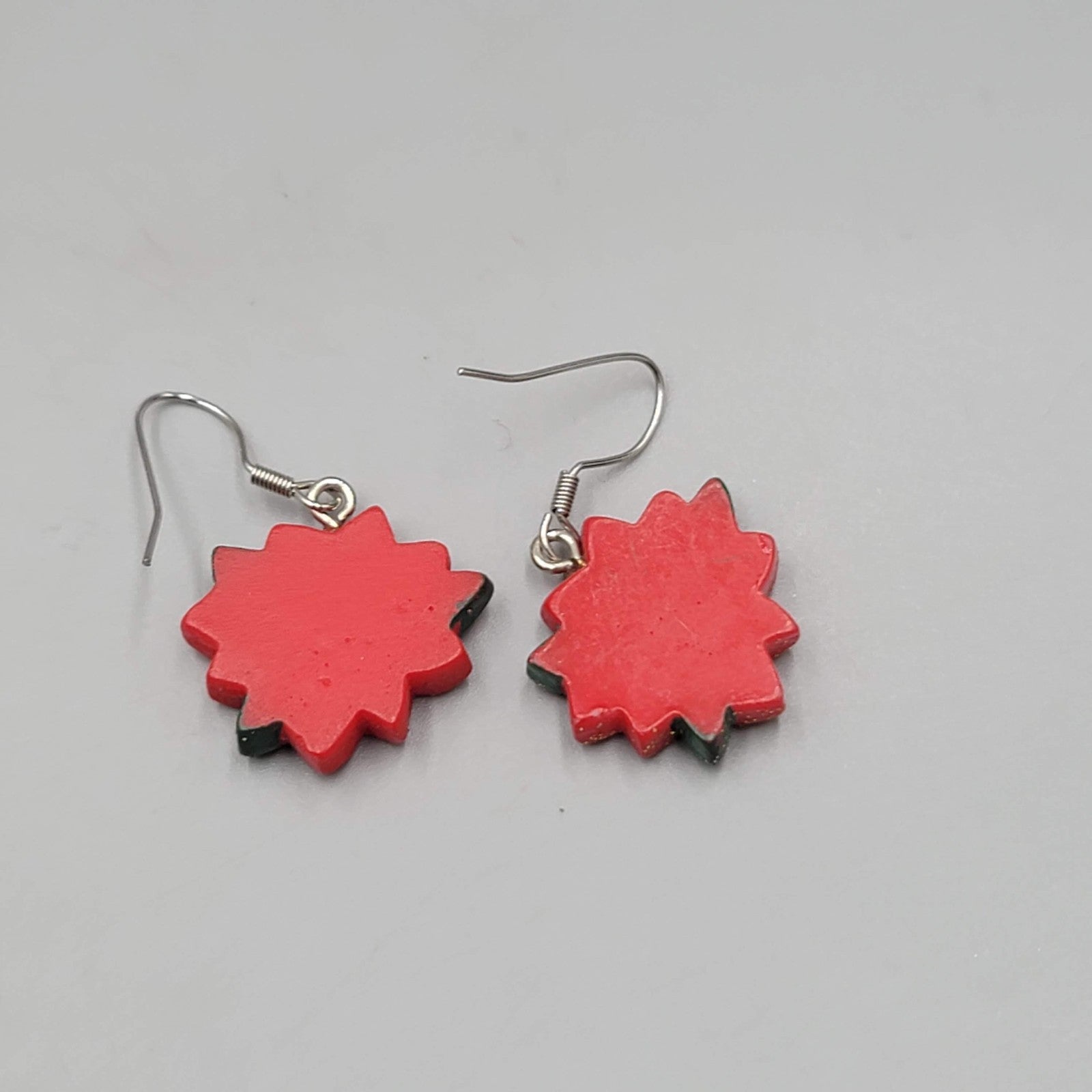 Glitter Poinsettia Flower Pierced Earrings Silver tone Dangle  7/8"