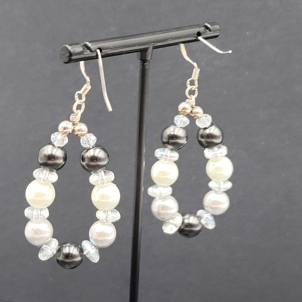 Pierced Earrings Black White Clear Beads Dangle Hoops Silver tone  1.75"