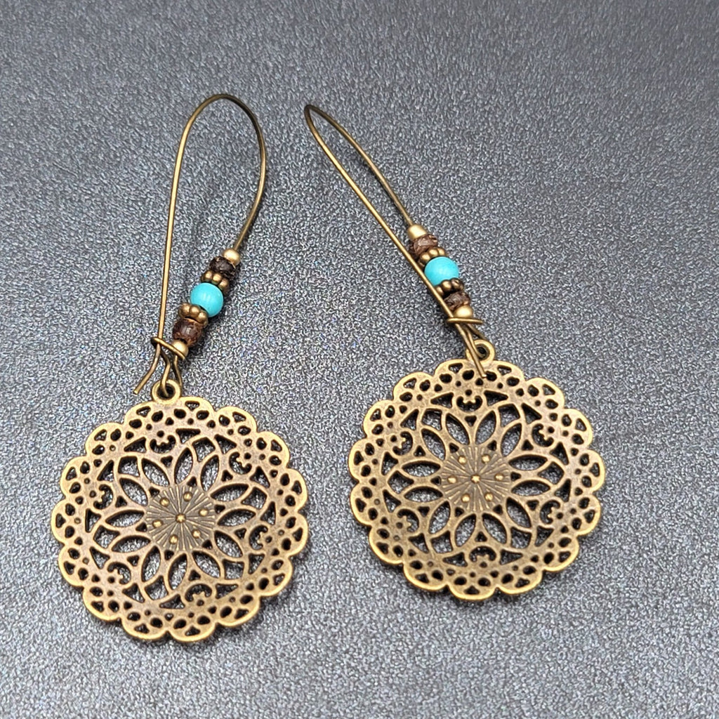 New Boho Pierced Earrings Antiqued Gold tone Blue Beas Enamel Mandala 2.75"