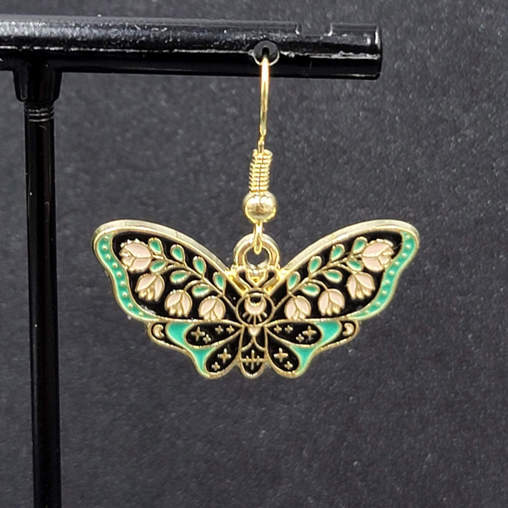 Moth Pierced Earrings Gold tone Green Pink Black Enamel Dangle 1/2"