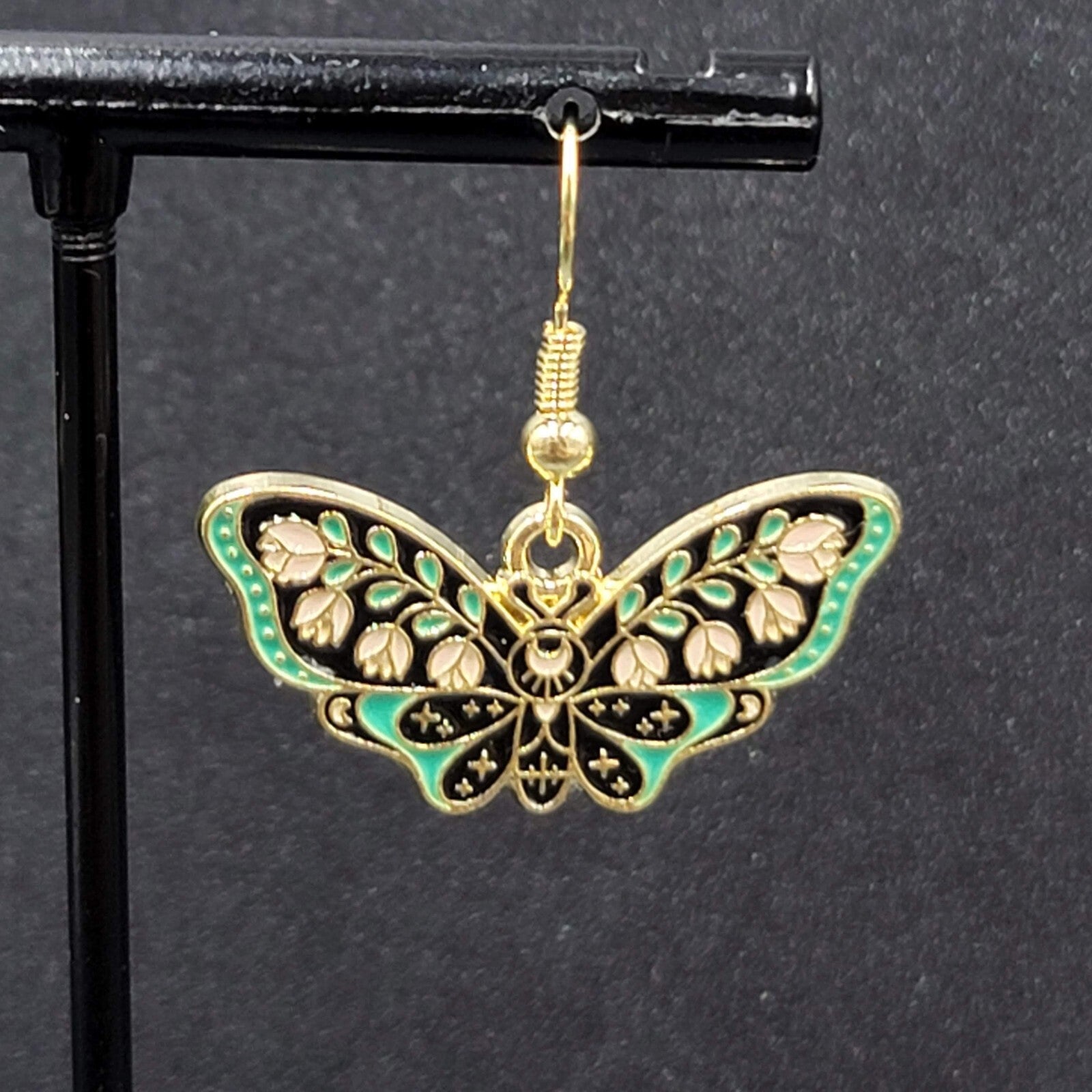 Moth Pierced Earrings Gold tone Green Pink Black Enamel Dangle 1/2"