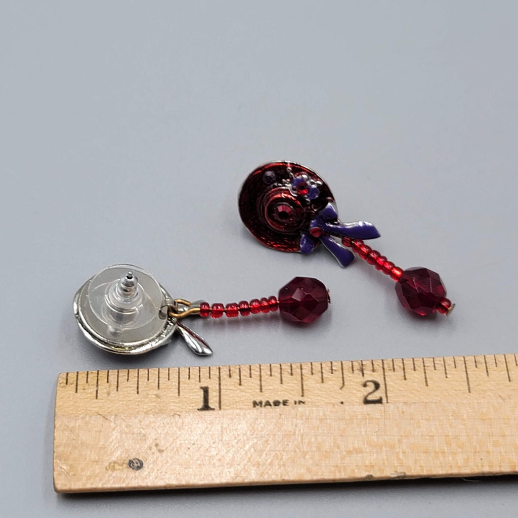 Vintage Red Hat Society Pierced Earrings Enamel Dangle 1.5"