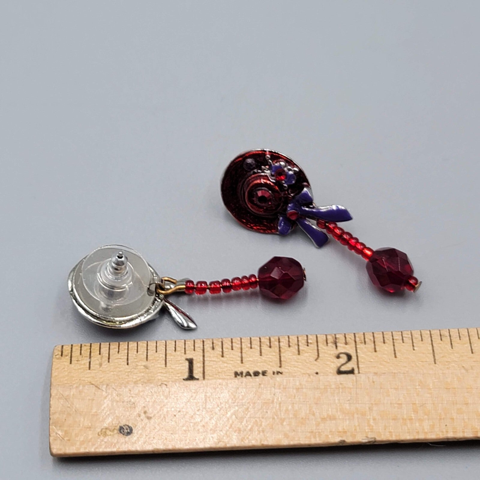 Vintage Red Hat Society Pierced Earrings Enamel Dangle 1.5"