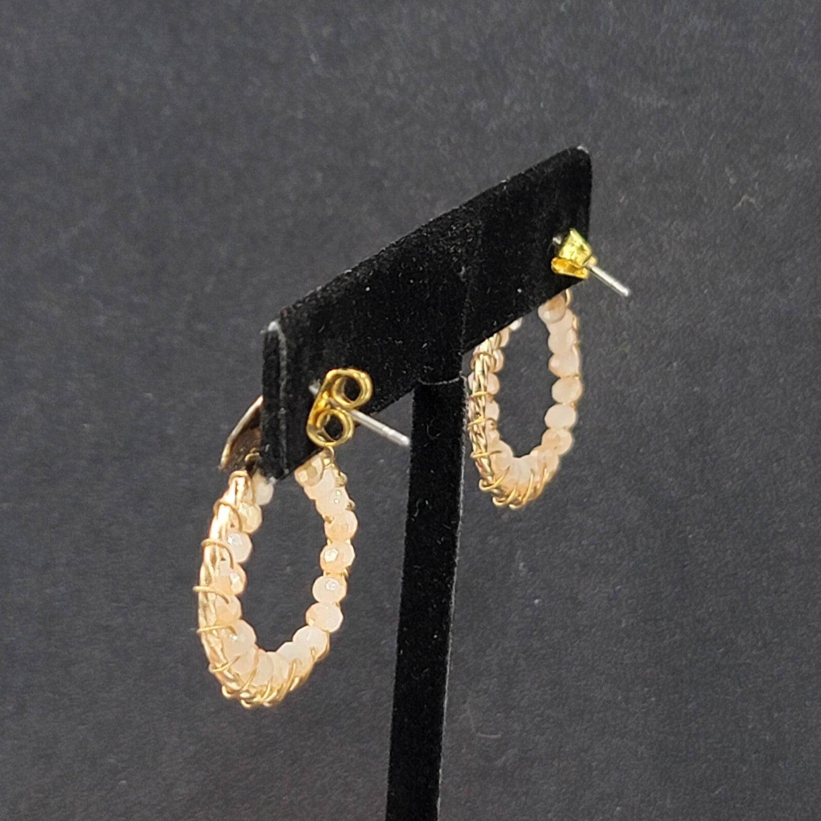Pierced Earrings Gold tone Quartz Bead Hoops Drop 1"