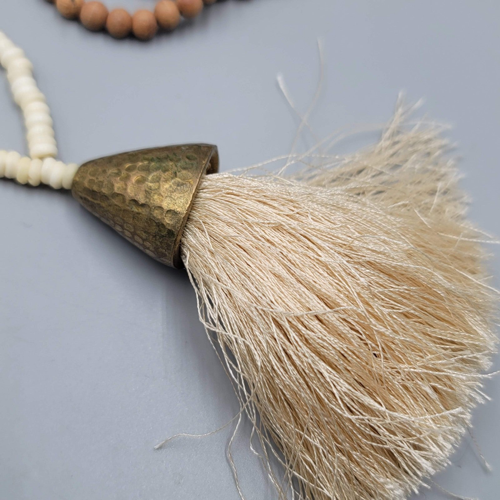 Long Wood and Cow Bone Bead Necklace Large Tassel Pendant 36 in