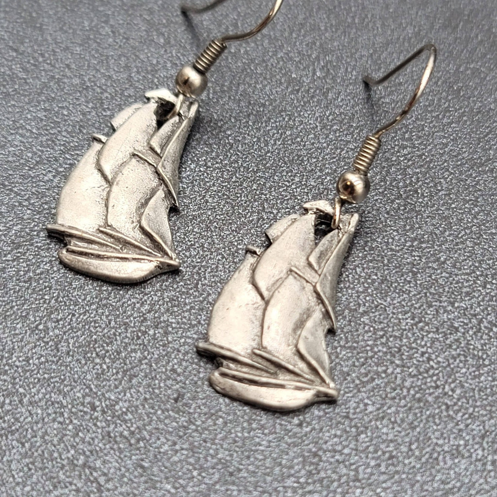 Vintage Ship Pierced Earrings Pewter Silver tone Dangle Nautical 7/8"