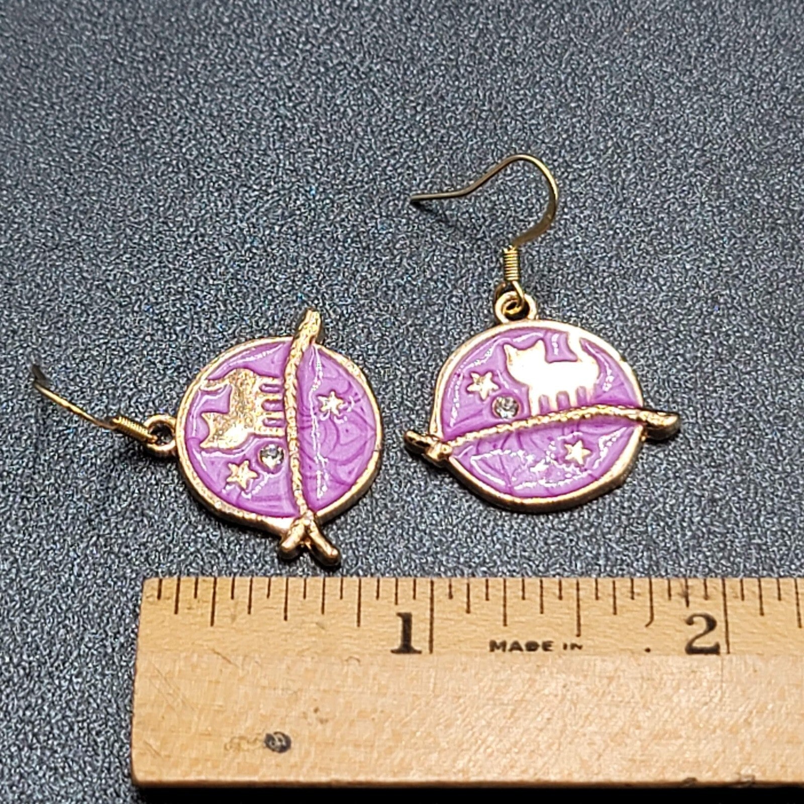 New Cat Pierced Earrings Gold tone Purple Enamel Moon Crystal Dangle 7/8"
