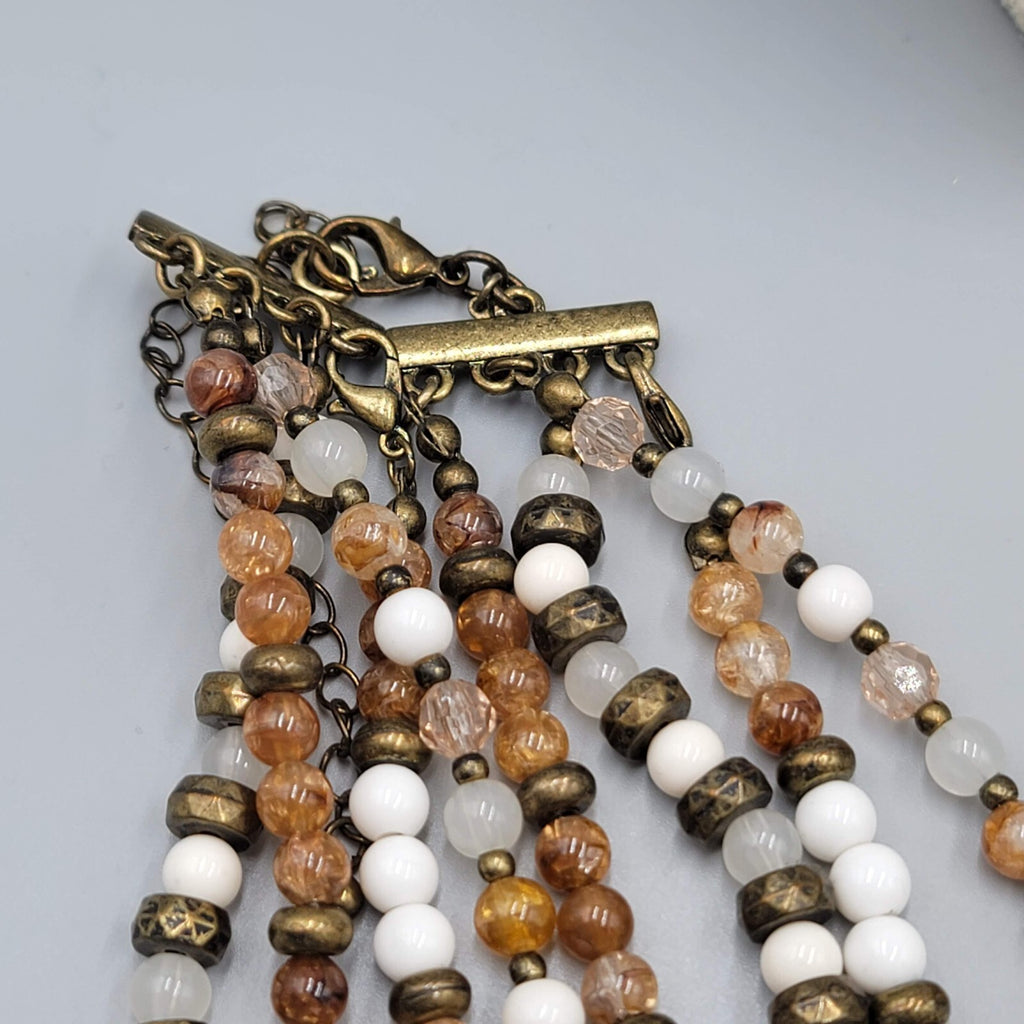 Premier Designs Necklace Bronze tone Brown White Bead 16"+