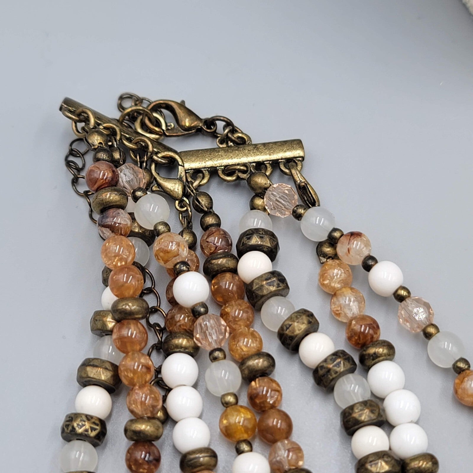 Premier Designs Necklace Bronze tone Brown White Bead 16"+