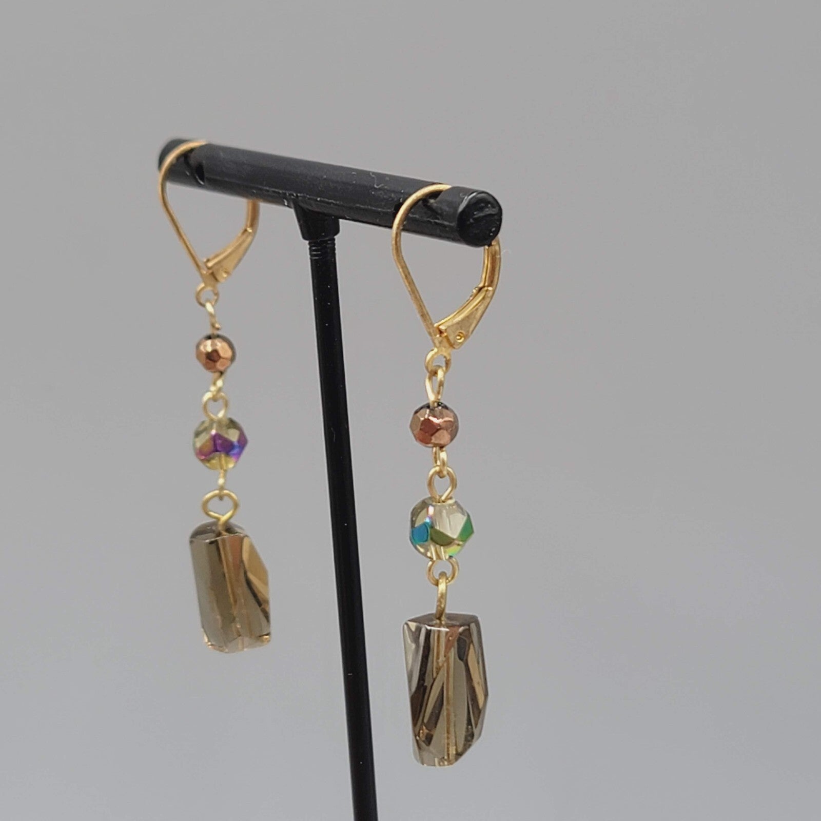 Glass AB Bead Pierced Earrings Gold tone Aurora Borealis Dangle 1.5"