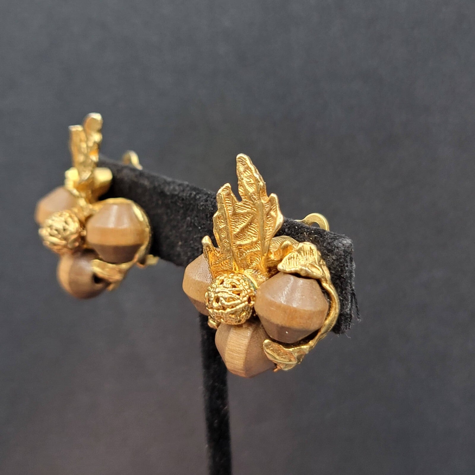 Vintage ART Clip on Earrings Gold Plated Wood Beads Leaf Design Climber 1.25"