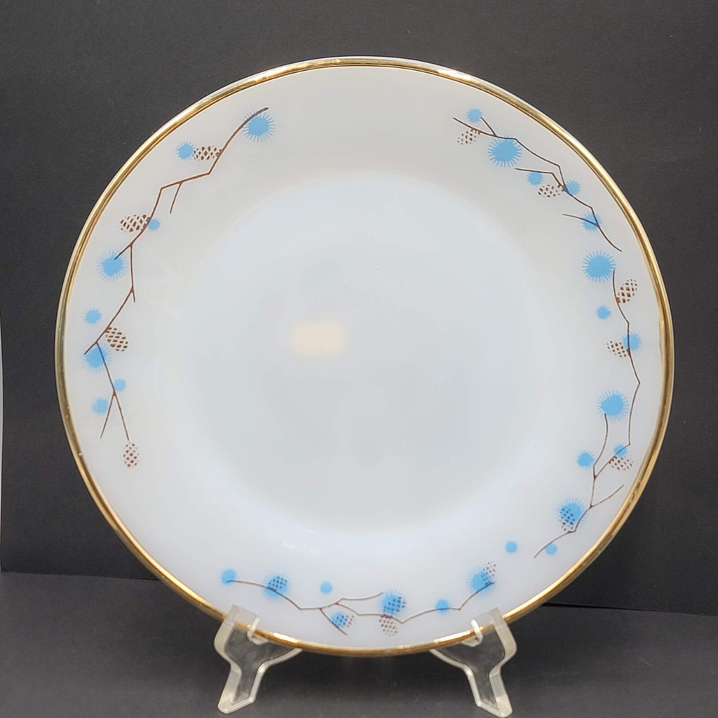 VTG Termocrisa Milk Glass Dinner Plate Blue Brown Pine Cone Gold Trim Single 9"