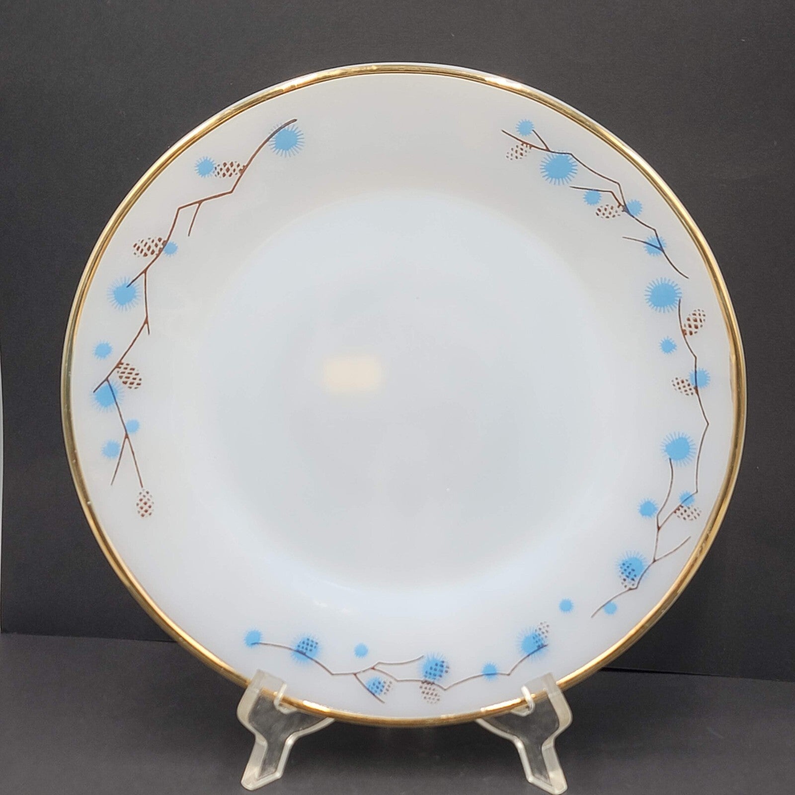 VTG Termocrisa Milk Glass Dinner Plate Blue Brown Pine Cone Gold Trim Single 9"