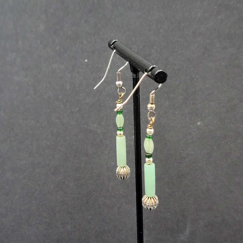 Pierced Earrings Silver tone Jade Beaded Long Thin Dangle  1.5"