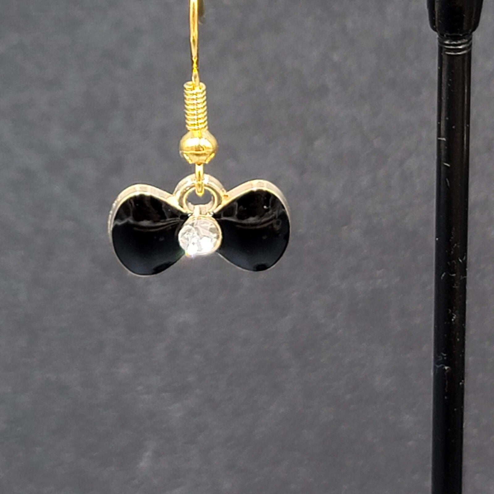 Bow Pierced Earrings Gold tone Crystal Black Enamel Dangle 3/8"