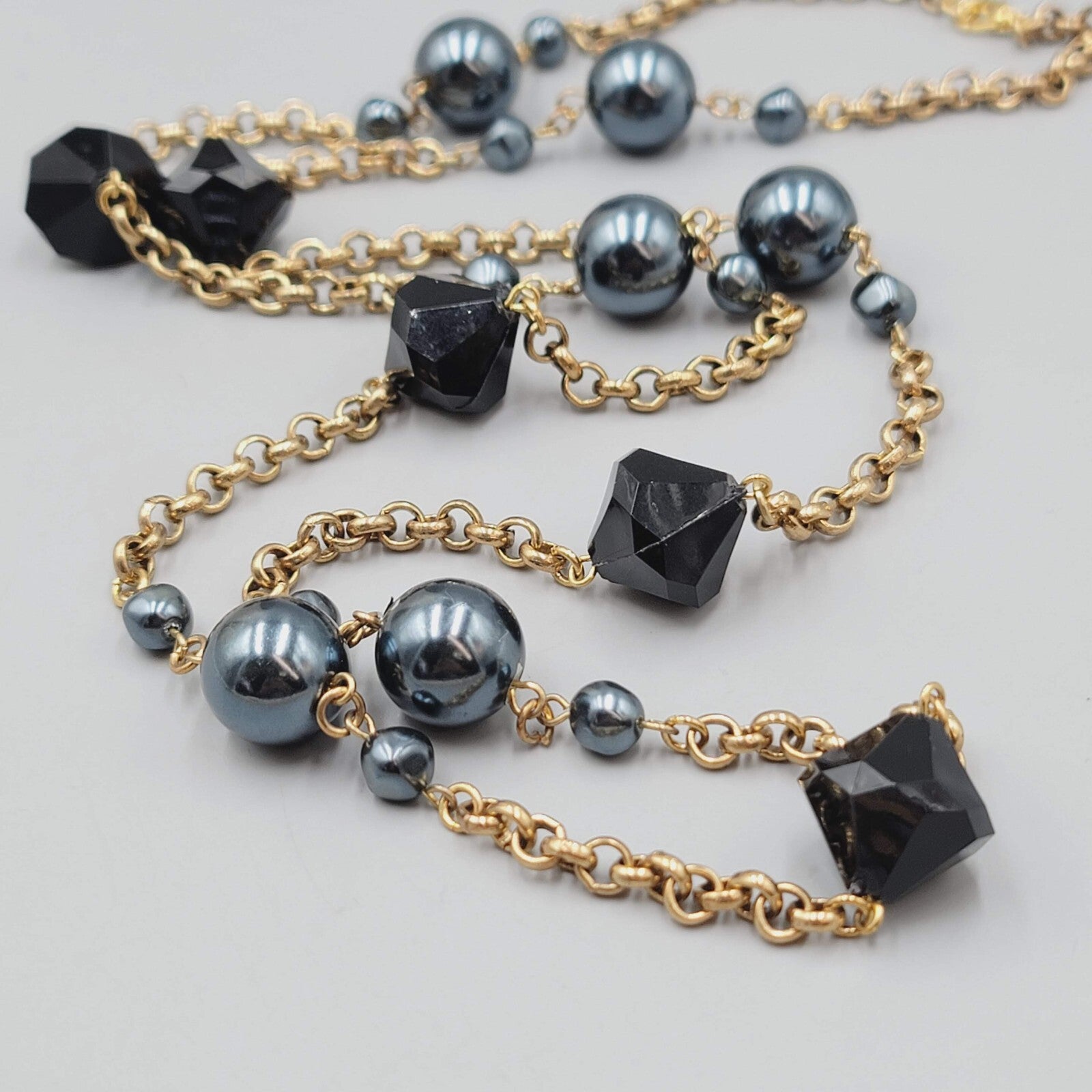 Long Rolo Chain Necklace Gold tone Black and Metallic Blue Beads 44"