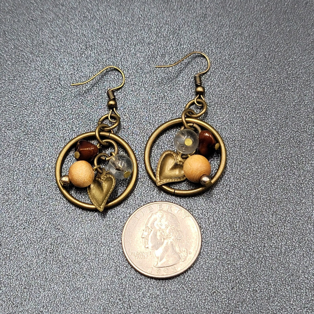 Pierced Earrings Bronze tone Heart Beaded Dangle 1"