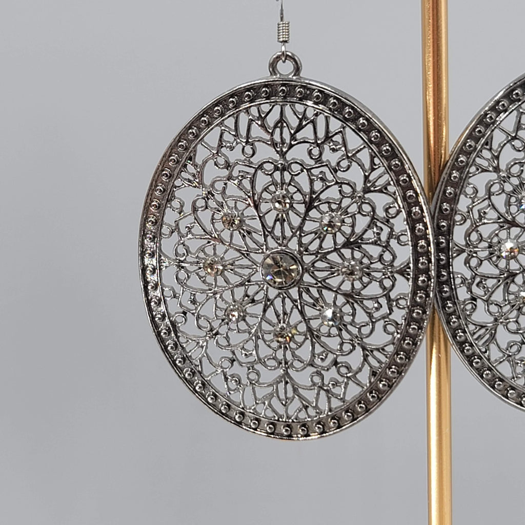 Large Medallion Pierced Earrings Black Metal Rhinestone Open Oval Dangle 2.5 in