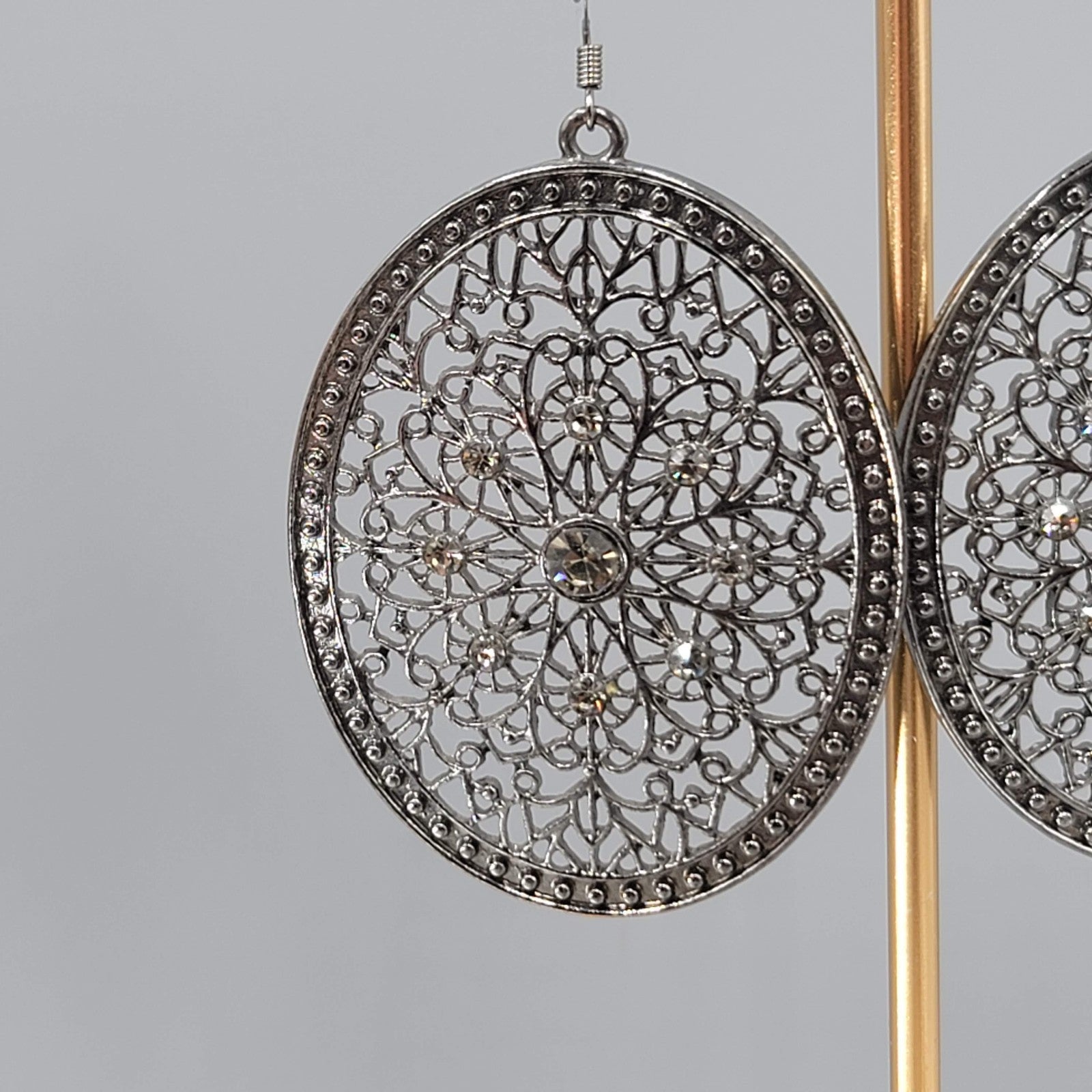 Large Medallion Pierced Earrings Black Metal Rhinestone Open Oval Dangle 2.5 in