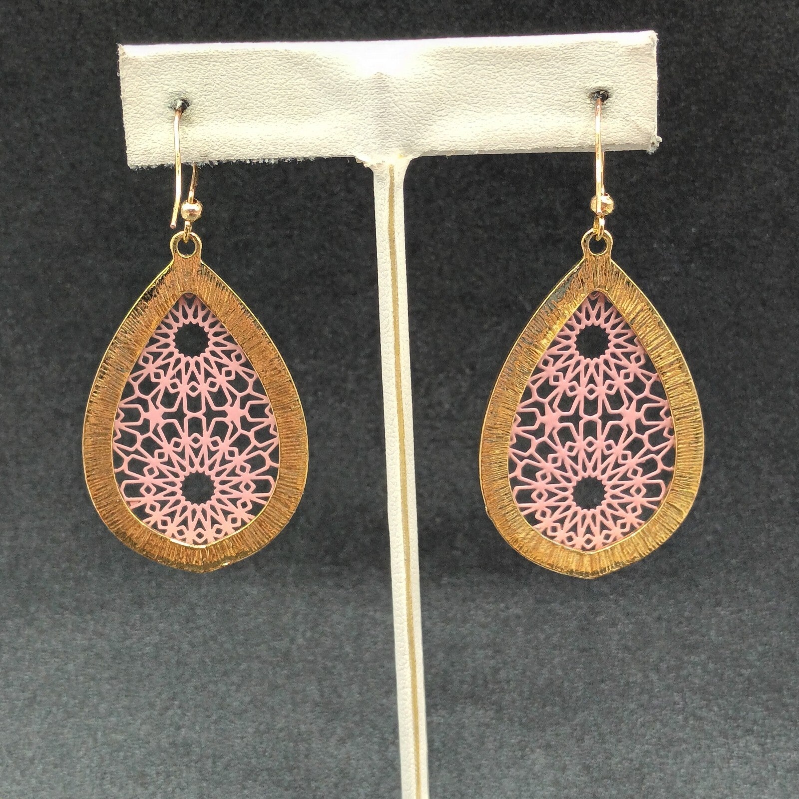 Pierced Earrings Gold tone Pink Acrylic Open Work Teardrop Dangle  1 3/4"