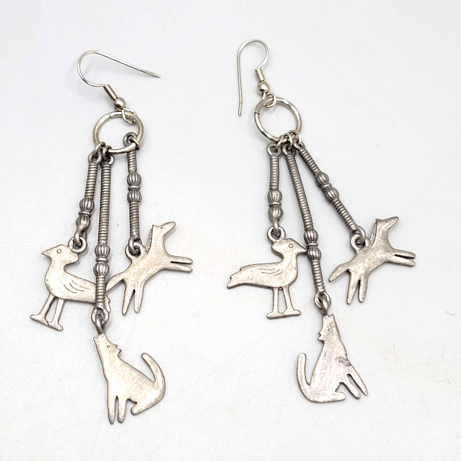 Vintage Southwest Theme Pierced Earrings Horse Coyote Gray Pewter Dangle 3"