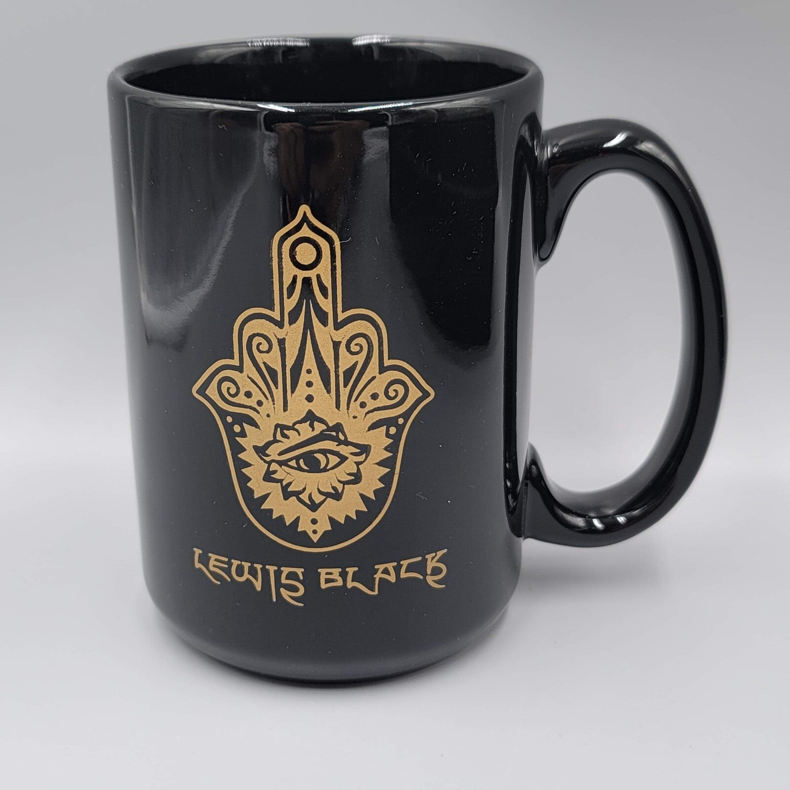 Comedian Lewis Black Coffee Mug Black Gold Hamsa Eye Cup