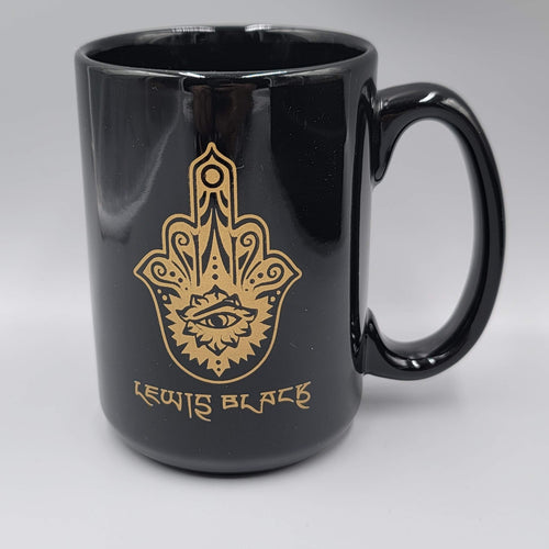 Comedian Lewis Black Coffee Mug Black Gold Hamsa Eye Cup