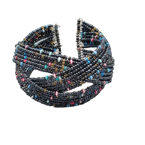 Black Weaved Seed Bead Cuff Bracelet Multicolor Accents Silver tone 7 in