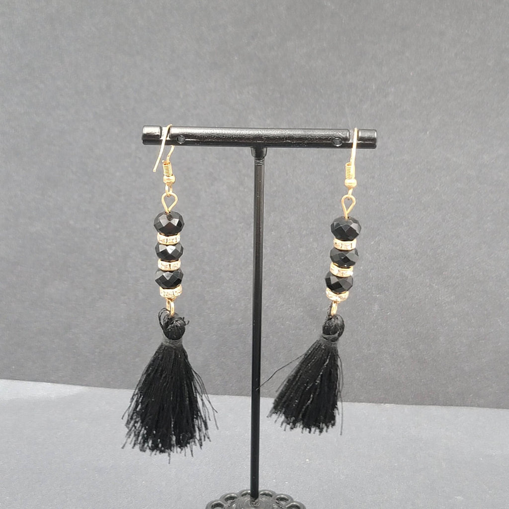 Black Tassel Pierced Earrings Gold tone Rhinestone Beads 3"