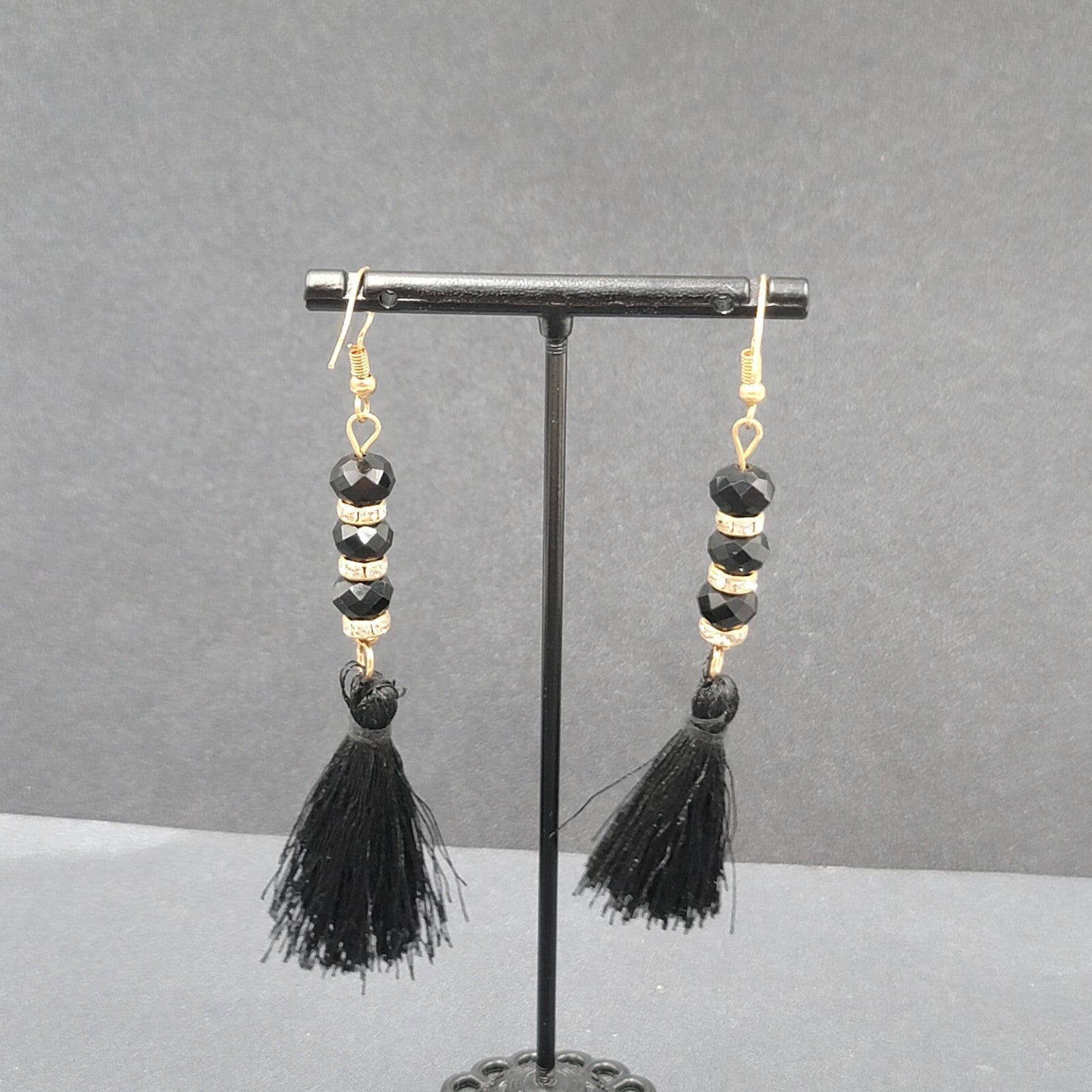 Black Tassel Pierced Earrings Gold tone Rhinestone Beads 3"
