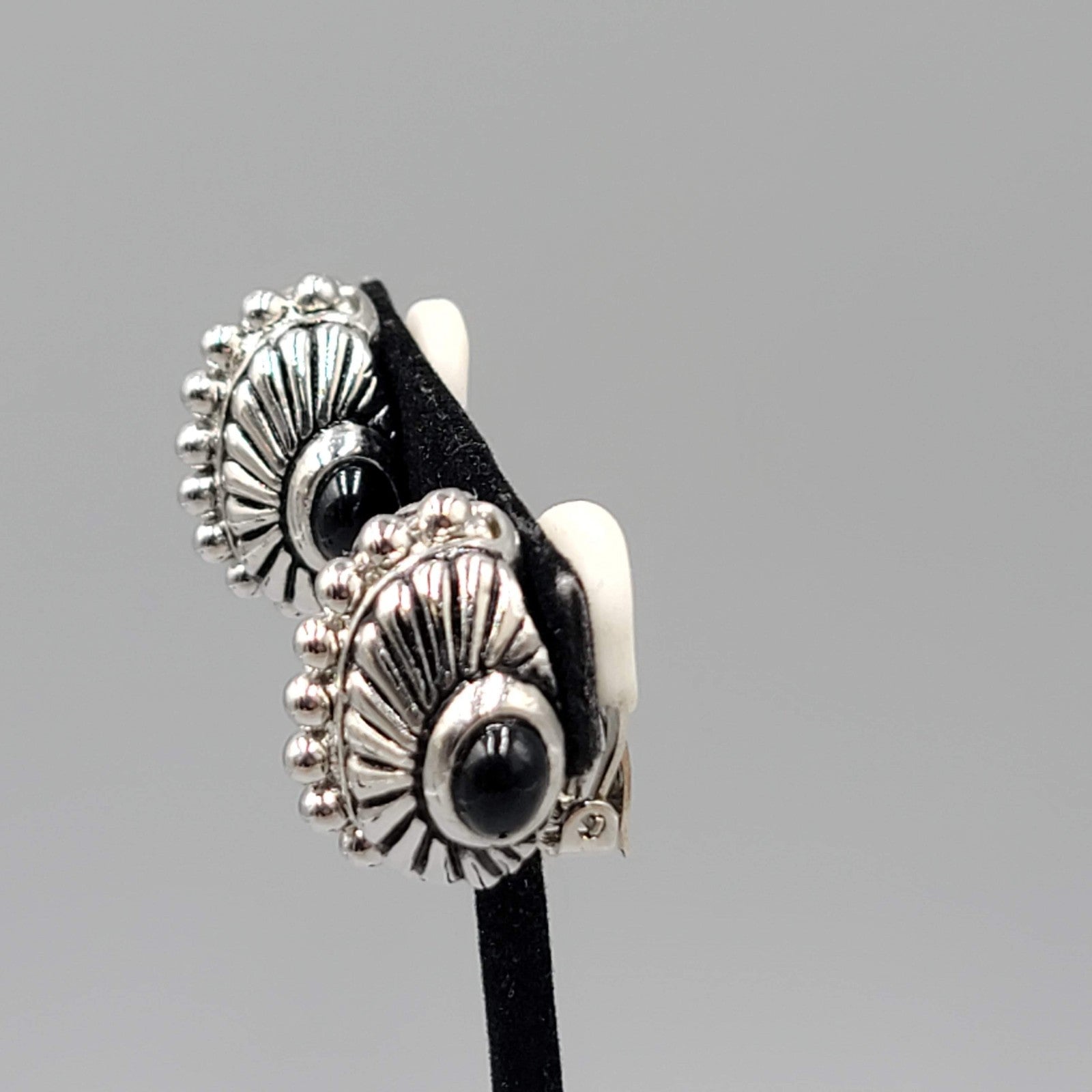 Vintage Statement Silver Plated Clip on Earrings Black Accent 1 in