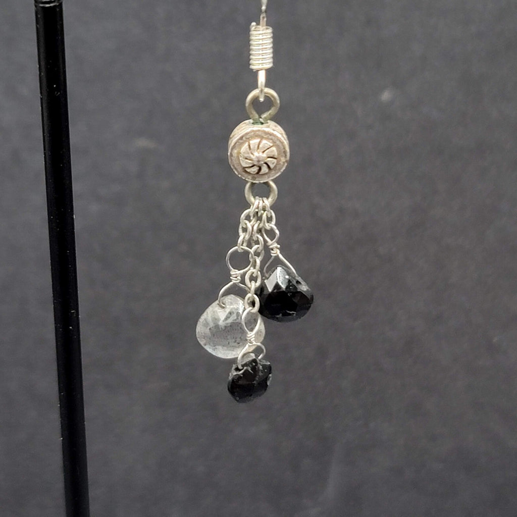 Pierced Earrings Silver tone Black Gray Stones on Dangle Chains 1.25"