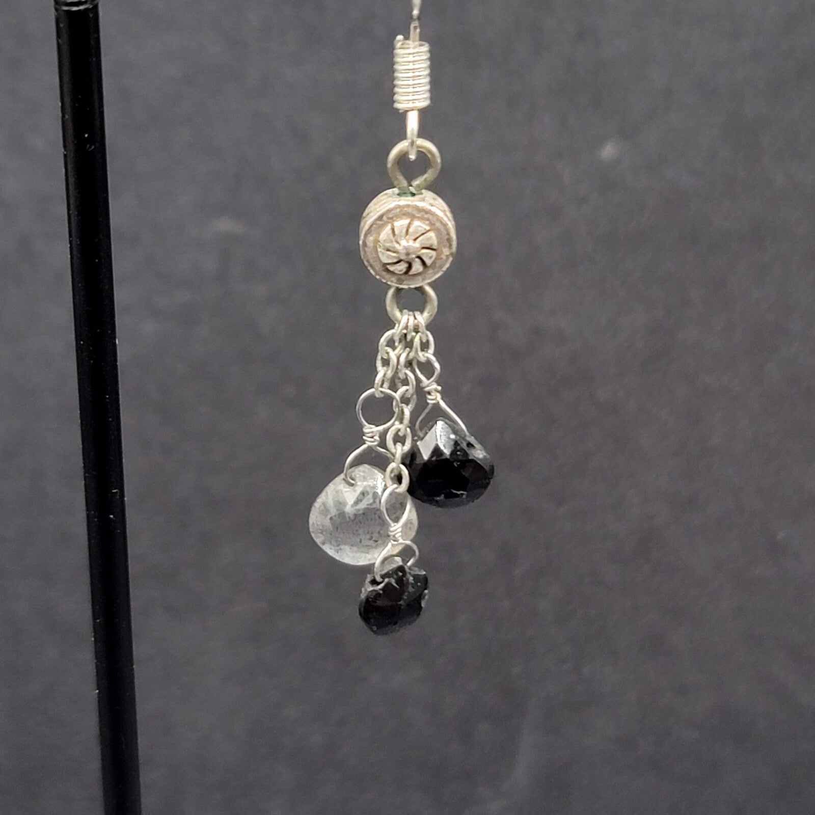 Pierced Earrings Silver tone Black Gray Stones on Dangle Chains 1.25"