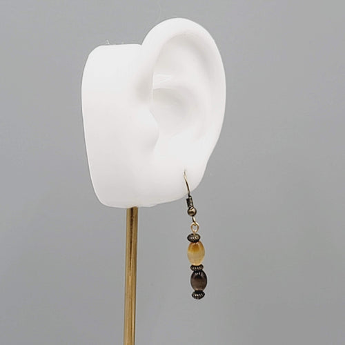 Cats Eye Brown Bead Pierced Earrings Bronze tone Dangle 1"
