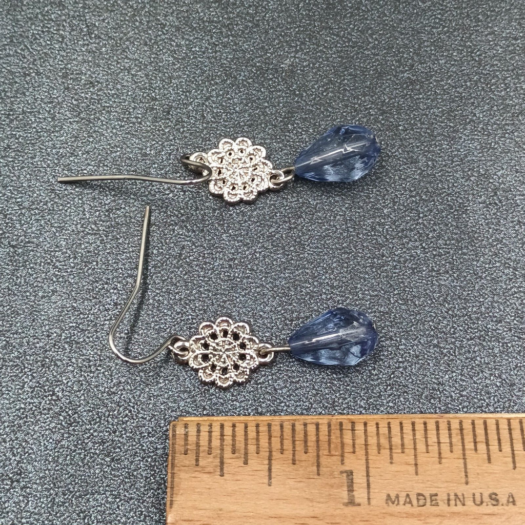 Pierced Earrings Silver tone Open Work Blue Faceted Glass Bead Dangle 1 1/4"