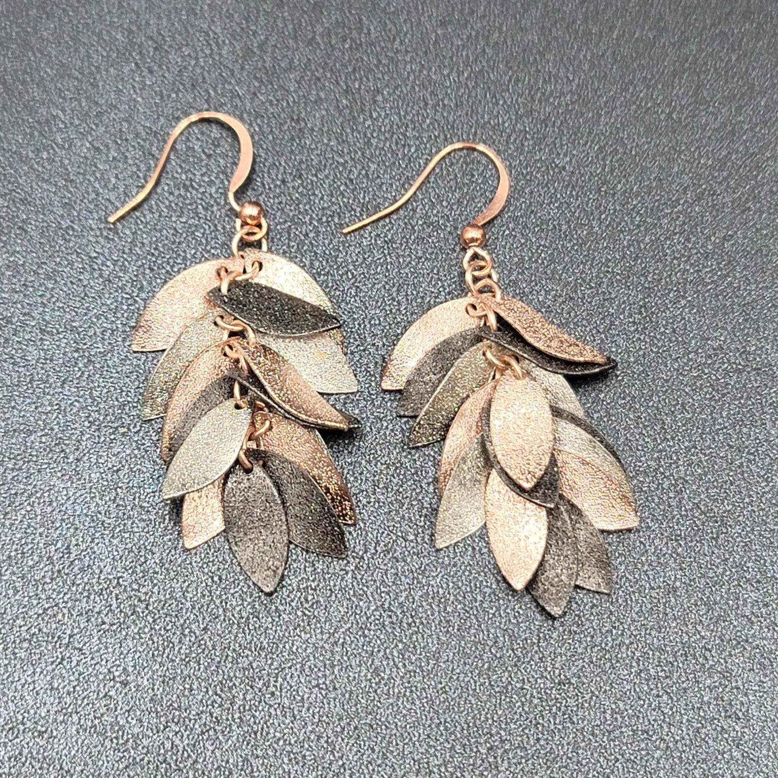 Pierced Earrings Tricolor Gunmetal Silver Rose Gold Dangle Leaves 1 5/8"