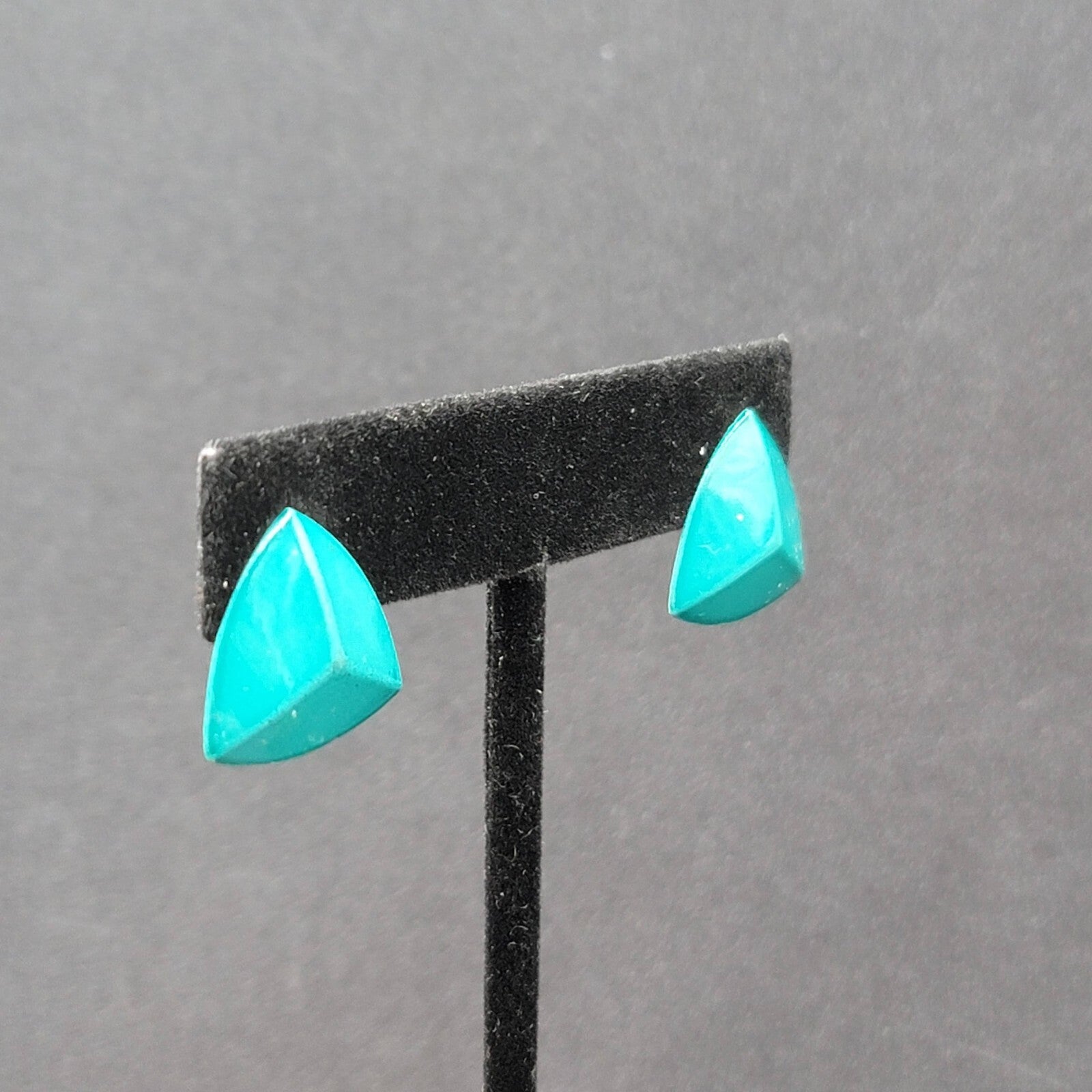 Vintage Pierced Earrings Teal Enamel over Metal Triangle Studs 3/4"